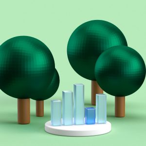 3D rendered transparent bar chart on a light green background in an abstract forest setting. Illustration for business success or presentation of results. Visualization for markets and statistics.