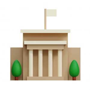 3d Bank or courthouse icon. Architecture building with columns. Online banking, Public Finance Department Audit, Tax Office, transactions, exchange, ATM, giving out money, service Concept. Isolated on white background. Vector illustration. Cartoon minimal style.
